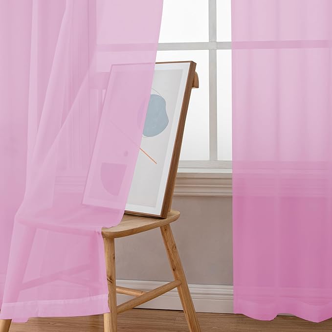 Simplebrand Pink Sheer Curtains 96 Inches Long, Light Filtering Rod Pocket Solid Color Window Sheer Curtain Panels, Elegant Curtains & Drapes for Living Room, Bedroom 2 Panels (Pink, 42" W x 96" L)
