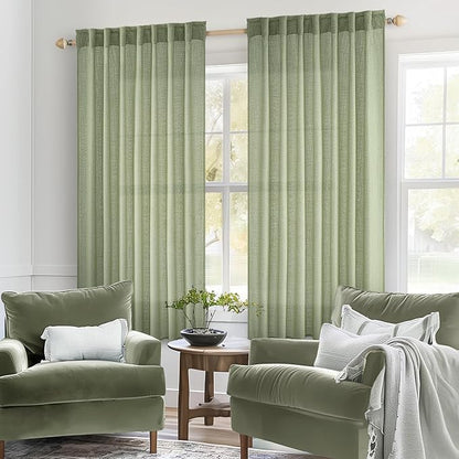 MIULEE Sage Green Short Linen Curtains 45 Inch Length 2 Panels for Kitchen Bedroom Bathroom, Soft Thick Linen Textured Basement Window Drapes Semi Sheer Light Filtering Back Tab Burlap Look Decor