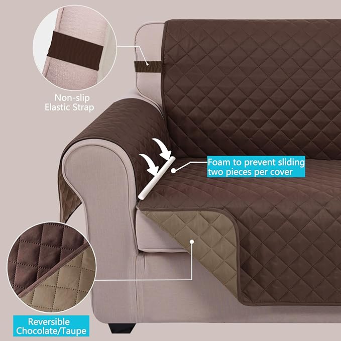 U-NICE HOME Reversible Oversized Chair Covers Quilted Water Repellent Pet Protectors with Elastic Straps(28''Armchair, Chocolate/Taupe)