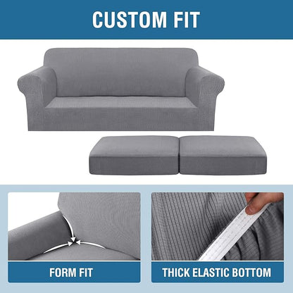 H.VERSAILTEX 3 Piece Stretch Sofa Covers for 2 Cushion Sofa Couch Covers for Living Room Furniture Cover (Base Cover Plus 2 Seat Cushion Covers) Thicker Jacquard Fabric(Large Sofa, Dove)