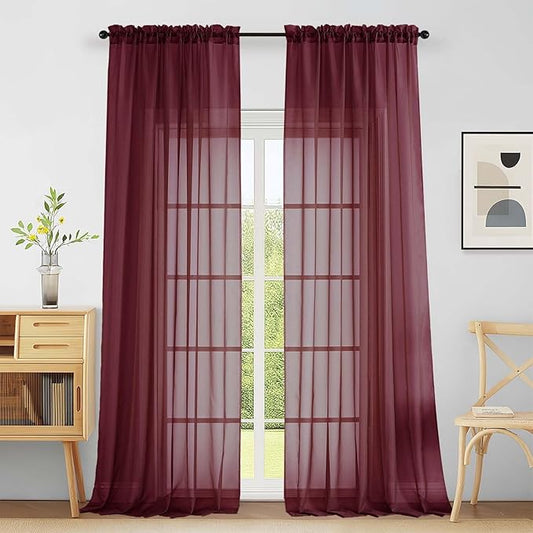 Extra Wide Sheer Curtains for Window 96 Inches Long 2 Panels Set, Elegant Light Filtering Voile Sheer Curtains for Sliding Glass Door, Dual Rod Pocket Window Drapes, Burgundy, 2x59Wx96L Inches