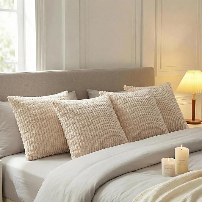 Fancy Homi 4 Packs Tan Decorative Throw Pillow Covers 24x24 Inch for Living Room Couch Bed Sofa, Beige Rustic Farmhouse Boho Home Decor, Soft Plush Striped Corduroy Square Cushion Case 60x60 cm