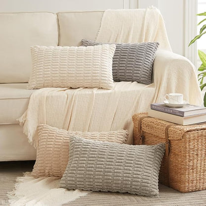 Fancy Homi 4 Packs Tan Decorative Throw Pillow Covers 12x20 Inch for Living Room Couch Bed Sofa, Beige Rustic Farmhouse Boho Home Decor, Soft Plush Striped Corduroy Square Cushion Case 30x50 cm