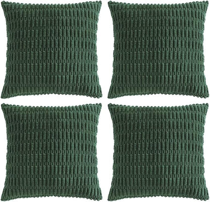 Fancy Homi Set of 4 Dark Green Boho Decorative Throw Pillow Covers 16x16 Inch for Couch Bed Sofa, Aesthetic Modern Bohemian Room Decor, Soft Fuzzy Fluffy Cozy Corduroy Textured Cushion Case 40x40cm