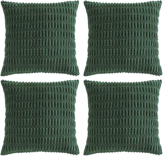 Fancy Homi Set of 4 Dark Green Boho Decorative Throw Pillow Covers 22x22 Inch for Couch Bed Sofa, Aesthetic Modern Bohemian Room Decor, Soft Fuzzy Fluffy Cozy Corduroy Textured Cushion Case 55x55cm