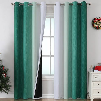 Estelar Textiler Green and Greyish White Ombre Blackout Curtains 90 Inch Length 2 Panels Set, Thermal Insulated Drapes for Bedroom,Full Room Darkening Grommet Gradient Curtains for Living Room,52Wx90L