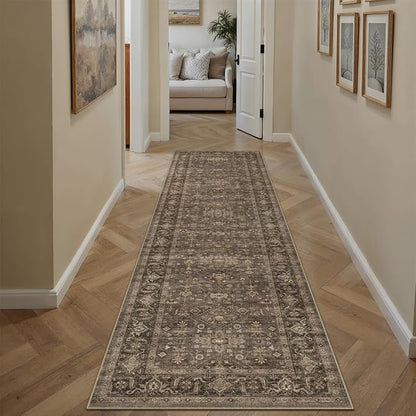 2x7 Washable Runner Rug for Hallway Kitchen Vintage Brown Non Slip Low Pile Carpet Traditional Retro Soft Throw Rug for Bathroom Bedroom Entryway Indoor Entrance