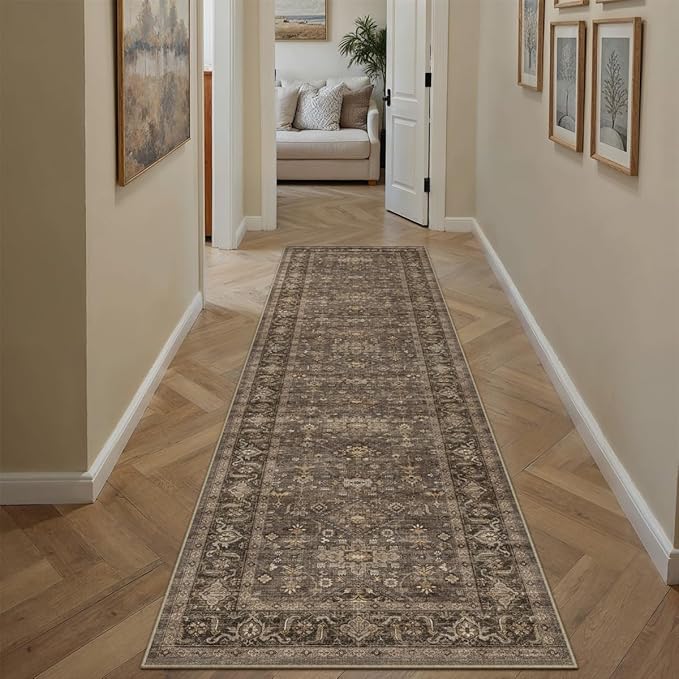 2x12 Washable Runner Rug for Hallway Kitchen Vintage Brown Non Slip Low Pile Carpet Traditional Retro Soft Throw Rug for Bathroom Bedroom Entryway Indoor Entrance