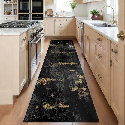 Washable Area Rugs 2'x6' Non-Slip Modern Abstract Soft for Living Room Entryway Bedroom Nursery, Print Pattern, Dark Black Gold