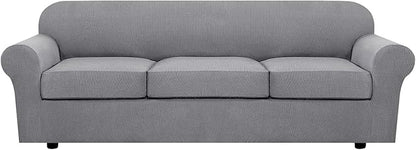 H.VERSAILTEX 4 Piece Stretch Sofa Covers for 3 Cushion Couch Covers for Living Room Furniture Slipcovers (Base Cover Plus 3 Seat Cushion Covers) Thicker Jacquard Fabric (Large Sofa, Dove)