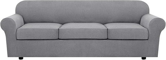 H.VERSAILTEX 4 Piece Stretch Sofa Covers for 3 Cushion Couch Covers for Living Room Furniture Slipcovers (Base Cover Plus 3 Seat Cushion Covers) Thicker Jacquard Fabric (Large Sofa, Dove)
