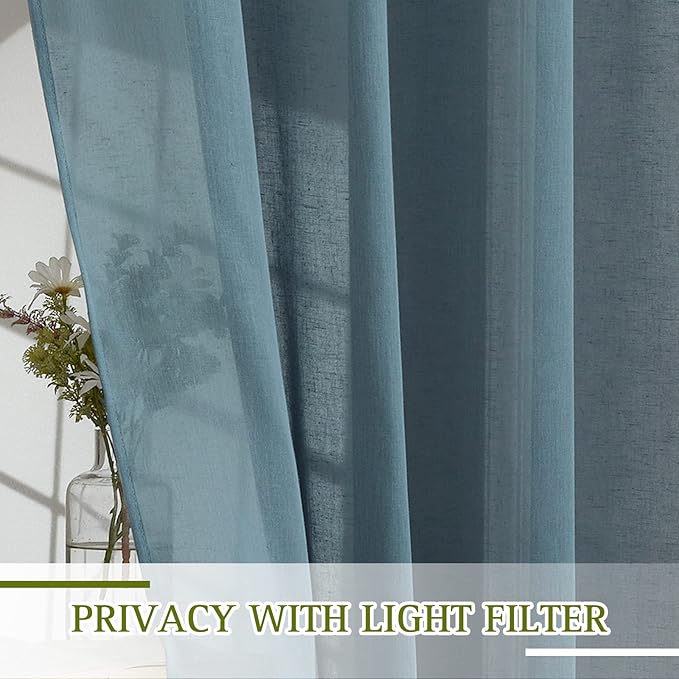 NICETOWN Linen Blend Semi Sheer Curtains, (Smoke Blue) Grommet Top Privacy with Light Penetration Flax Sheer Curtains & Drapes for Living Room/Bedroom, W52 x L108, 2 Panels