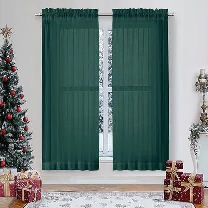 OWENIE Sheer Curtains 63 inch Length 2 Panels Set, Light Weight Soft Solid Light Filtering Fimly Sheer Curtains for Bedroom Living Room, Rod Pocket Window Treatments, Hunter Green, 42Wx63L Inch
