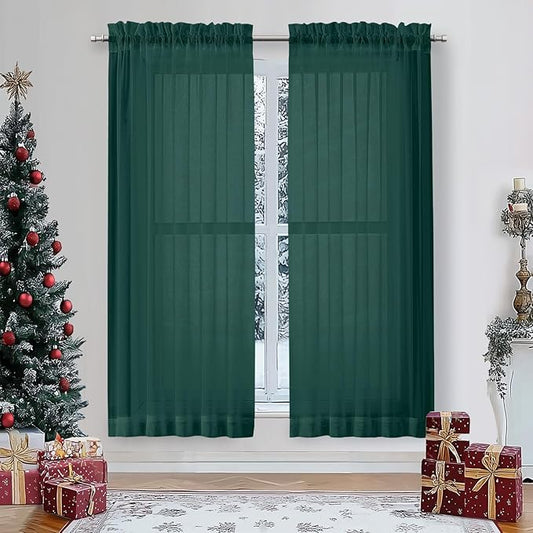 OWENIE Sheer Curtains 63 inch Length 2 Panels Set, Light Weight Soft Solid Light Filtering Fimly Sheer Curtains for Bedroom Living Room, Rod Pocket Window Treatments, Hunter Green, 42Wx63L Inch