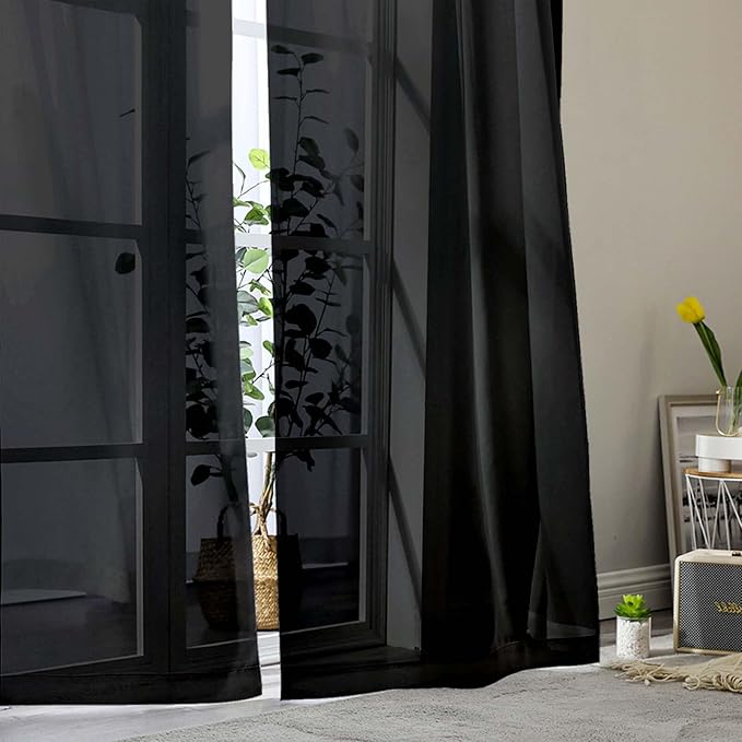 Black Sheer Curtains for Bedroom Living Room 45 Inch Length 2 Panels, Soft Airy Light Filtering Small Kitchen Window Curtains, Rod Pocket Short Curtain Drapes, Black, 42" Wx45 L Inches