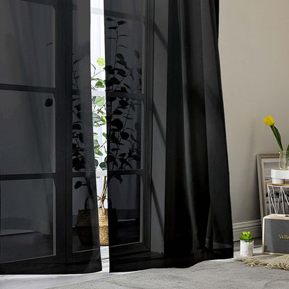Black Sheer Curtains for Bedroom Living Room 45 Inch Length 2 Panels, Soft Airy Light Filtering Small Kitchen Window Curtains, Rod Pocket Short Curtain Drapes, Black, 42" Wx45 L Inches