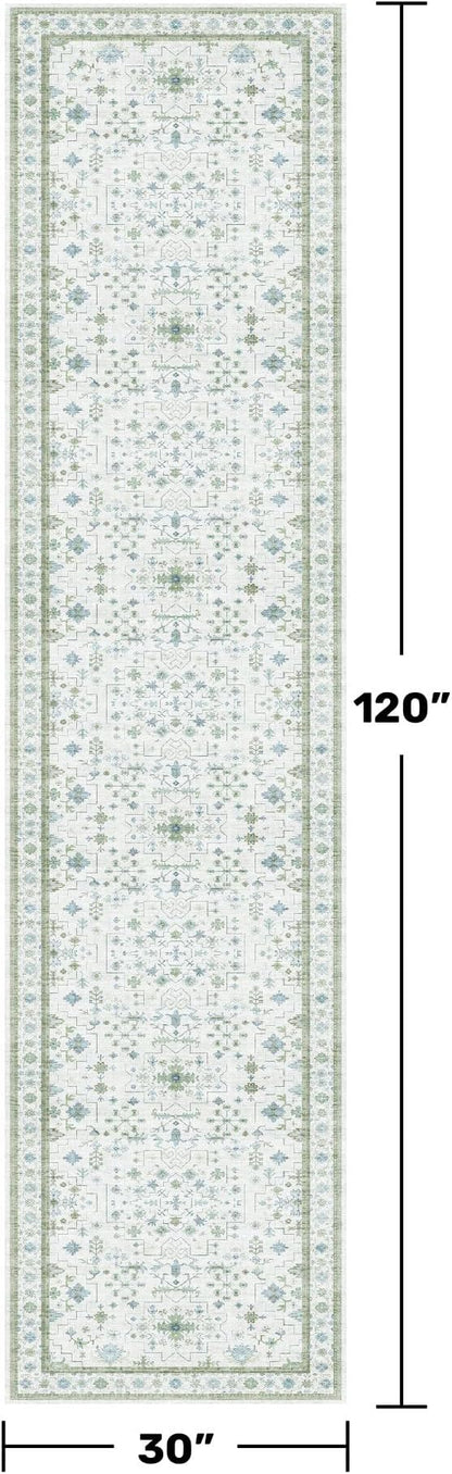 Hazo Haus Oushak Wide Hallway Runner Rug 2'6"x10' - Vintage Turkish Floral, Washable Low Pile Non Slip 10ft Wide Runners for Kitchen, Hall Way - Blue and Green