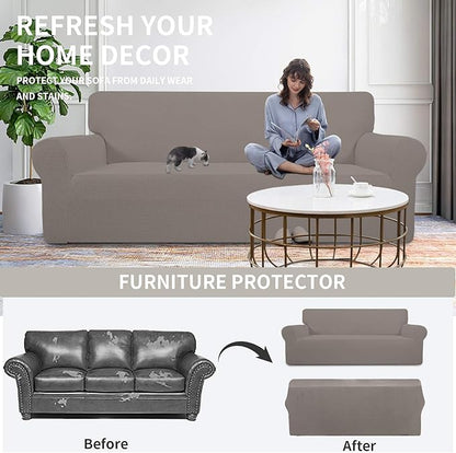 Easy-Going Stretch Oversized Chair Sofa Slipcover 1-Piece Couch Sofa Cover Furniture Protector Soft with Elastic Bottom for Kids Spandex Jacquard Fabric Small Checks Taupe