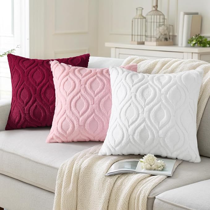 decorUhome Summer Throw Pillow Covers 18x18 Inch Set of 2, Soft Plush Faux Wool Light Pink Solid Couch Pillow Covers, Accent Farmhouse Neutral Square Pillow Cases for Sofa Bed Living Room
