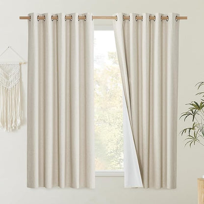 NICETOWN Natural 100% Blackout Short Curtains 63 inches Lenghth Burg for Kitchen, 2 Panels, Burlap Linen Drapes with Thermal Insulated White Liner, Keeping Out Cold Air and Heat Panels