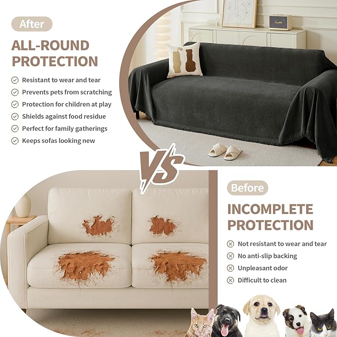 Couch Cover for Dogs, Boho Sofa Covers for 3 Cushion Couch, Chenille Sofa Slipcover for Pets Washable, L-Shape Sectional Couch Cover Soft Throw Blankets with Tassels(71x118,Charcoal Grey)