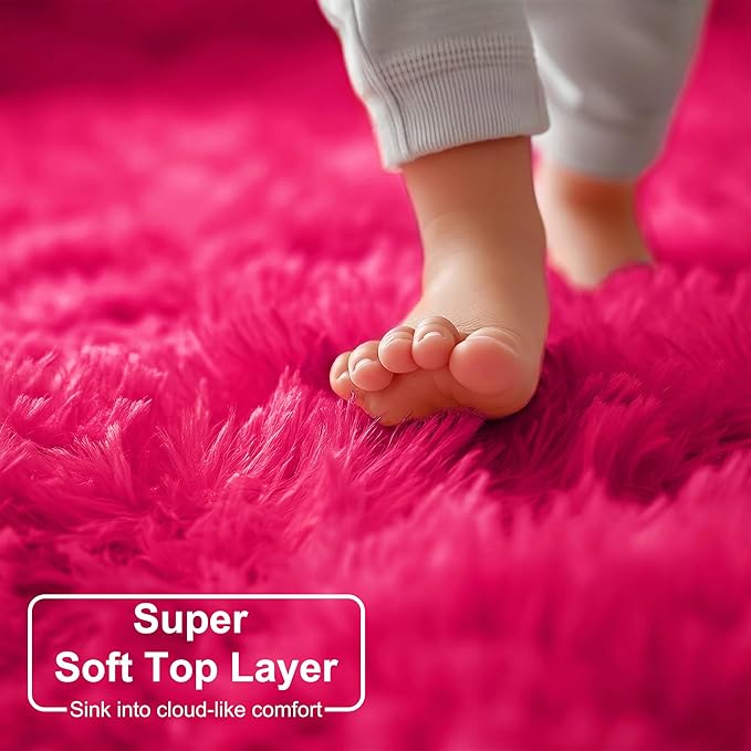 Hot Pink Round Rug 4Ft for Girls Bedroom, Fluffy Circle Area Rugs for Kids Room Decor Aesthetic, Shag Plush Fuzzy Furry Carpet for Living Room, Nursery, Dorm, Classroom, Teen, Cute Shaggy Baby Rug