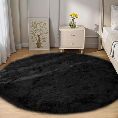 Goolela Black Round Rug 5ft Fluffy Fuzzy Sheepskin Carpet for Bedroom Living Room Black Circle Faux Fur Rug Shaggy Washable