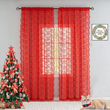 YJ YANJUN Vintage Lace Curtains 84 Inches Long-Victorian Floral Pattern Red Sheer Curtain Panels for Living Room Bedroom,Light Filtering, Xmas Gift for Holiday Decor 2 Panels 52W x 84L