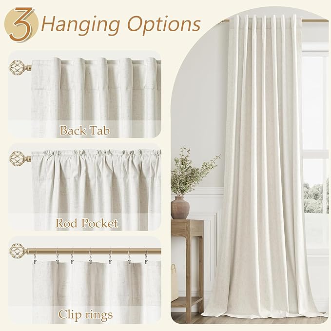 Guken Cream 100% Blackout Curtains 60 Inch Length 2 Panels Set for Living Room Bedroom Back Tab Thermal Insulated Black Out Linen Drapes Room Darkening Window Curtains