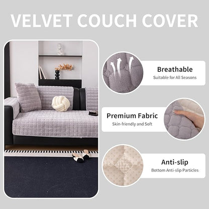 Velvet Couch Cover, Washable Sectional Sofa Cover, Anti Slip Sofa Slipcover for 3 Cushion Couch Sofa L Shaped Armrest Backrest, Furniture Protector Covers for Pets Kids(Light Grey, Only 1 PCS)