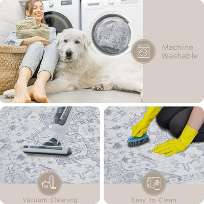 Srugn Area Rug 6x9 Washable Area Rugs for Living Room- Ultra Soft Non-Shedding Faux Wool Bedroom Rug Large Grey Vintage Print Rugs with Non Slip Rubber- Indoor Retro Foldable Carpet for Dining Room