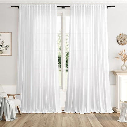 Nanspring Extra Wide Linen Curtains for Living Room 108 Inch Length for Room Divider White Rustic Farmhouse Drape Rod Pocket Back Tab Light Filtering Bedroom Window Curtain for Sliding Door 100x108