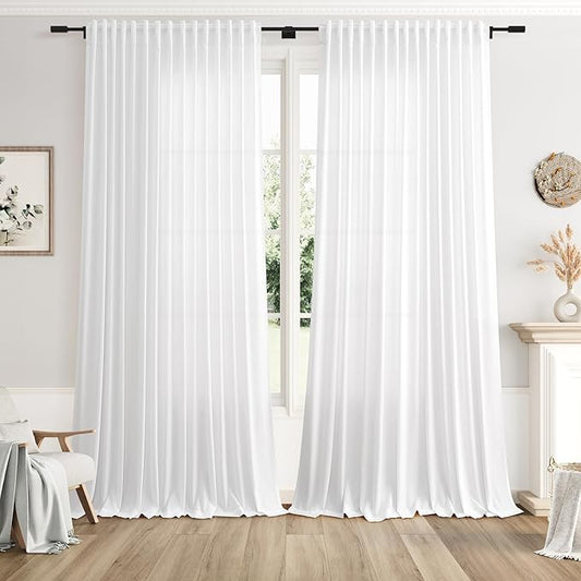 Nanspring Extra Wide Linen Curtains for Living Room 108 Inch Length for Room Divider White Rustic Farmhouse Drape Rod Pocket Back Tab Light Filtering Bedroom Window Curtain for Sliding Door 100x108