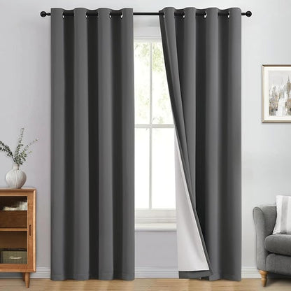 Yakamok 100% Blackout Curtain Panels 84 inches Cold and Light Blocking Drapes for Nursery, 2 Thick Layers Thermal Insulated Draperies (2 Pieces, 50 Wide Each Panel, Charcoal Grey/White Backing)