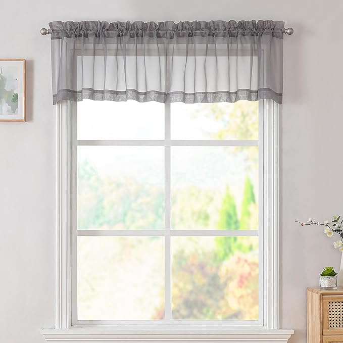 Simplebrand Grey Valances 14 Inches Long for Living Room Pocket 2 Panel Light Filtering Sheer Translucent Valence Toppers for Window Kitchen Bathroom Bedroom 42x14 Inch Length