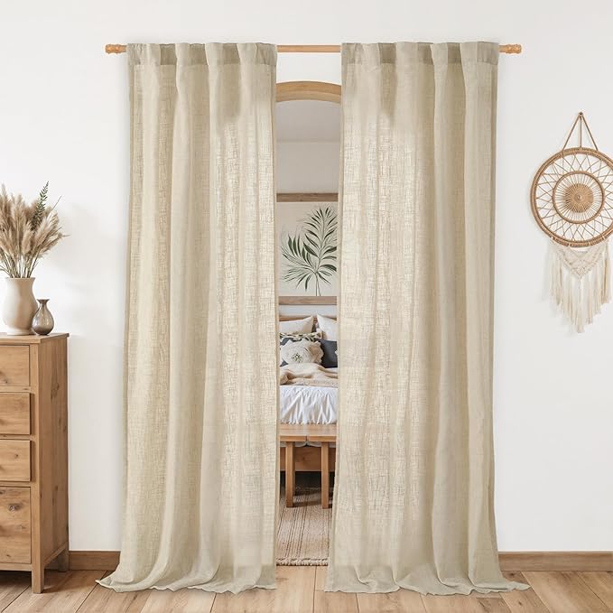 LAMIT Natural Linen Curtains for Living Room, 80 inch Length Light Filtering Semi Sheer Drapes Back Tab and Rod Pocket Farmhouse Panels for Bedroom, 2 Panels, Linen, 34 x 80 Inch