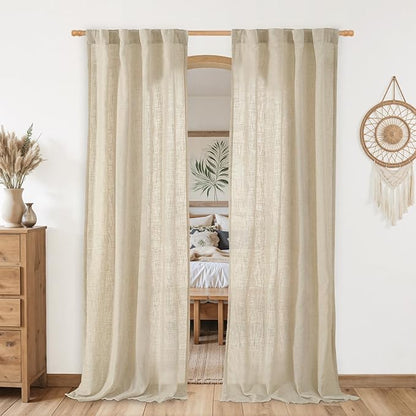 LAMIT Natural Linen Curtains for Living Room, 80 inch Length Light Filtering Semi Sheer Drapes Back Tab and Rod Pocket Farmhouse Panels for Bedroom, 2 Panels, Linen, 34 x 80 Inch