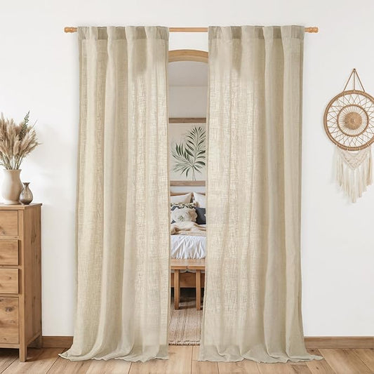 LAMIT Natural Linen Curtains for Living Room, 80 inch Length Light Filtering Semi Sheer Drapes Back Tab and Rod Pocket Farmhouse Panels for Bedroom, 2 Panels, Linen, 34 x 80 Inch