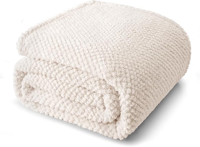Whale Flotilla Queen Size Fuzzy Fleece Blanket for Bed, 90x90 Inch Fluffy Warm Soft Jacquard Blankets for All Season, Lightweight and Cozy, Ivory