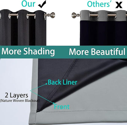 Yakamok 63 Inch Length 100% Blackout Curtains for Bedroom, 2 Thick Layers Thermal Insulated Grommet Total Blackout Drapes with Black Liner for Living Room (42Wx63L,Grey, 2 Panels)