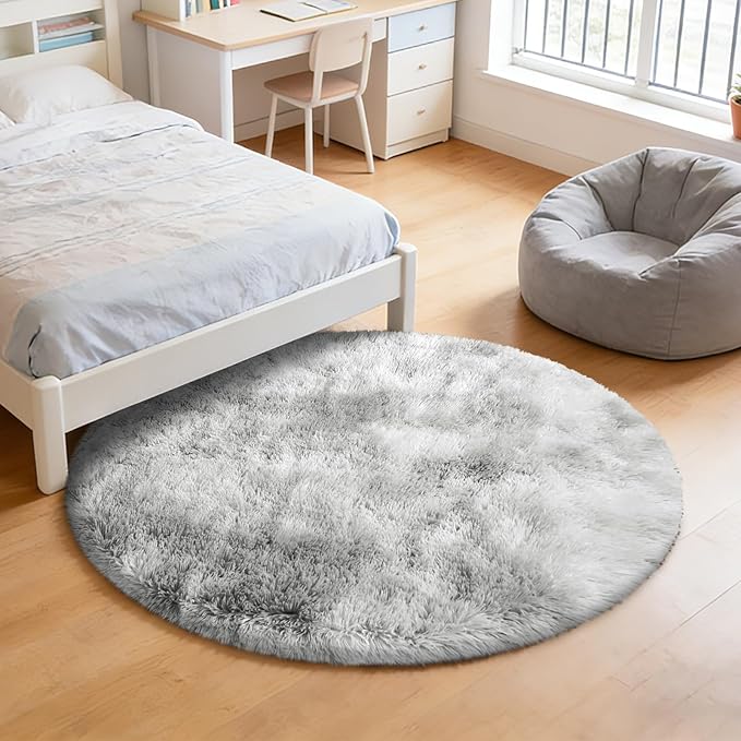 Tie-Dyed Fluffy Round Rug,Soft Area Rugs for Girls Room,Shaggy Rugs 3'X3' for Living Room,Non Slip Circle Rug for Kids Bedroom,Shag Plush Nursery Rug,Plush Carpet for Dorm,Furry Room Decor,Light Grey
