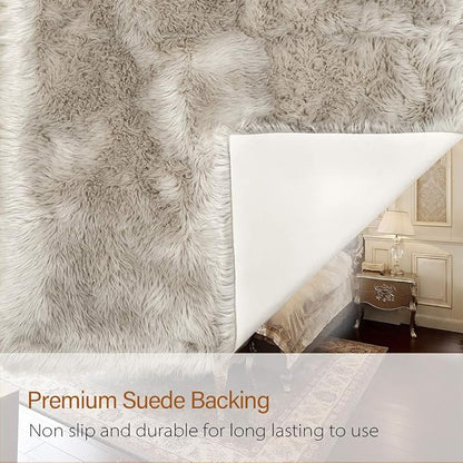 LOCHAS Soft Fluffy Faux Fur Rugs for Bedroom Bedside Rug 3x5 Feet, Washable, Furry Sheepskin Area Rug for Living Room Girls Room, Luxury Shag Carpet Home Decor, Beige