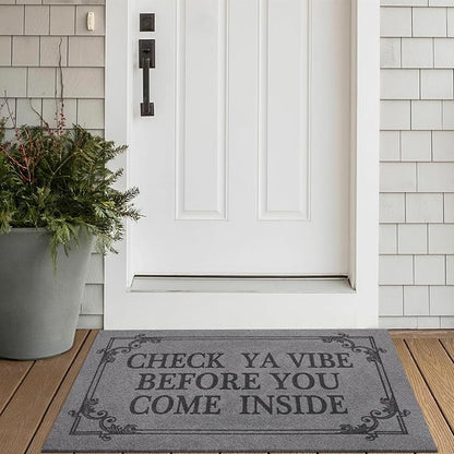 Indoor Door Mat Welcome Mats for Front Door Outdoor, 36" x 24" Check Ya Vibe Before You Come Inside This House Doormat, Non Slip Rubber Farmhouse Mats Light Gray