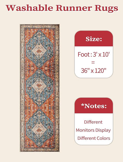 SERISSA Runner Rug for Hallways, 3x10 Washable Non Slip Kitchen Runner Rug, Long Boho Rug Vintage Tribal Hallway Stair Ultra Soft Print Floor Carpet for Bedroom Bathroom Laundry Room