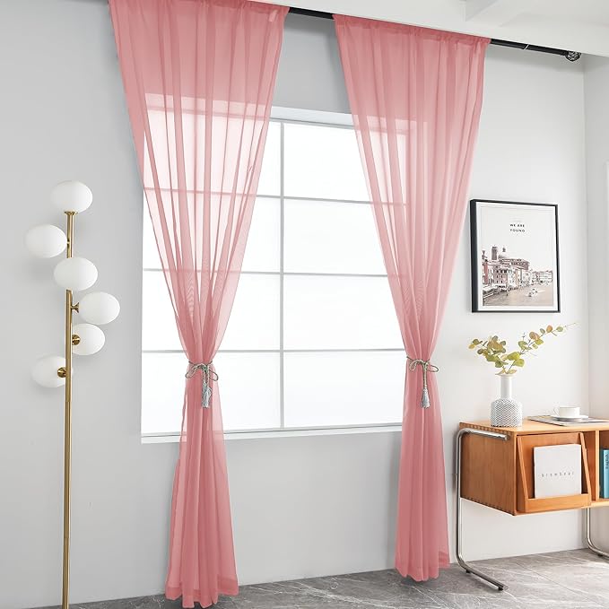 youleyar Solid Sheer Rod Pocket Curtain Voile Draperies 2 Panels White Beige Black Grey Coffee 52 Inch Width 45 Inch Long 1 Pair for Kitchen Bedroom Children Living Room Yard (Blush,52Wｘ45L)