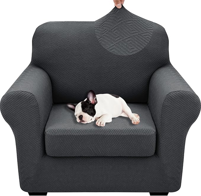 XINEAGE 2026 New 2 Pieces Chair Covers with Arms Super Stretch Chair Slipcover for Living Room Pet Dog Universal Slip Cover Anti Slip Armchair Furniture Protector (Dark Gray), 31"-46"(1 Cushion)