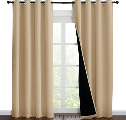 NICETOWN Living Room Completely Shaded Draperies, Privacy Protection & Noise Reducing Ring Top Drapes, Black Lined Insulated Window Treatment Curtain Panels(Biscotti Beige, 2 Pieces, W55 x L86)