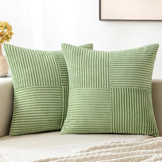 MIULEE Sage Green Decorative Throw Pillow Covers 18x18 Inch for Couch Bed Sofa Spring Decor Pack of 2 Boho Farmhouse Throw Pillows Soft Cross Corduroy Patchwork Textured Cushion Cases