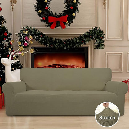 Easy-Going Stretch Sofa Slipcover 1-Piece Sofa Cover Furniture Protector Couch Soft with Elastic Bottom for Kids, Polyester Spandex Jacquard Fabric Small Checks (Sofa, Khaki)