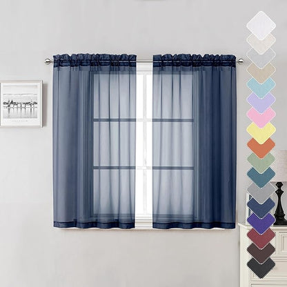 Lecloud Navy Blue Sheer Curtains 45 Inch Long 2 Panels, Short Voile Drapes for Dinning Small Windows, Light Filtering Voile Curtain for Living Room Bedroom Bathroom, Dual Rod Pocket, 40" Wx45 L